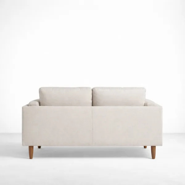 Beige 2 seater sofa back view showing clean lines and teak legs