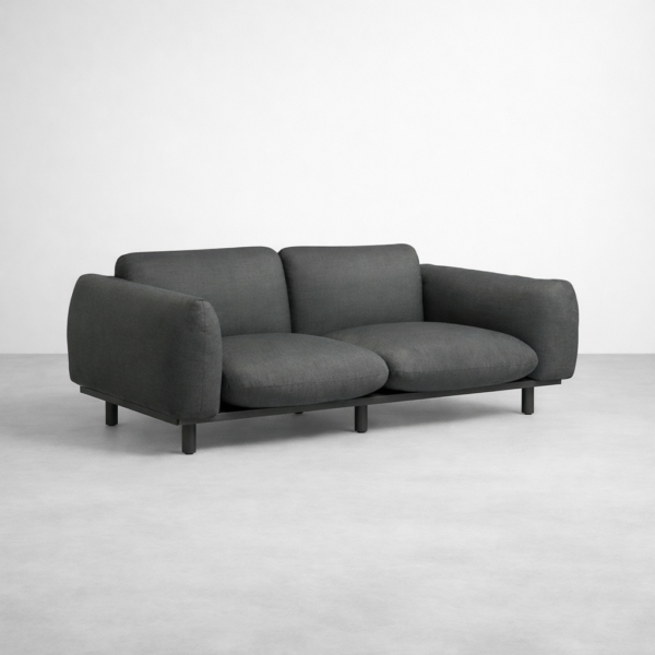 Angled view of INTERIORZE Drift charcoal fabric 2 seater sofa highlighting deep seats, rounded arms, and modern silhouette