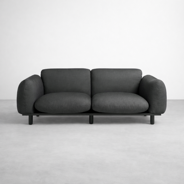 Front view of INTERIORZE Drift charcoal fabric 2 seater sofa with plush cushions, rounded arms, and low-profile black base