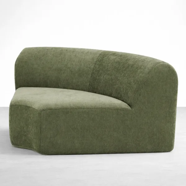 Olive green curved modular sofa side angle upholstered performance fabric
