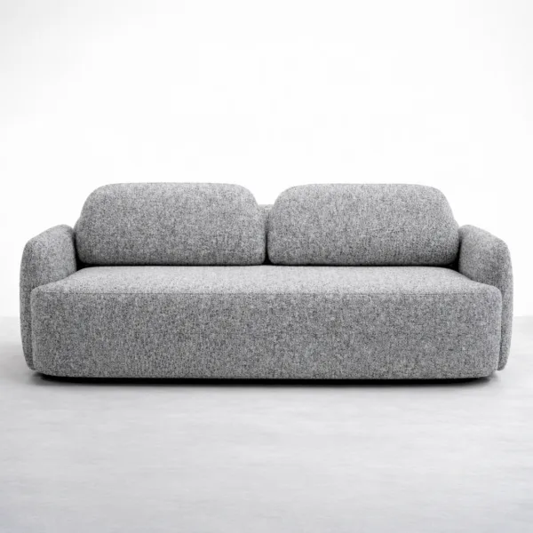 Grey boucle sofa cum bed with rounded arms and two back cushions by INTERIORZE
