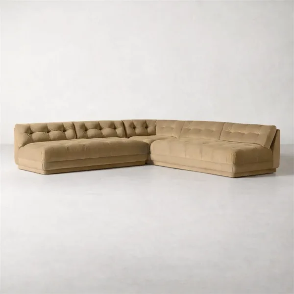 INTERIORZE Arc tufted velvet L-shape sectional sofa in camel beige front view arc tufted l shape sofa