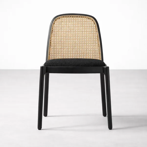 INTERIORZE Arvello teakwood cane back dining chair front view with black seat