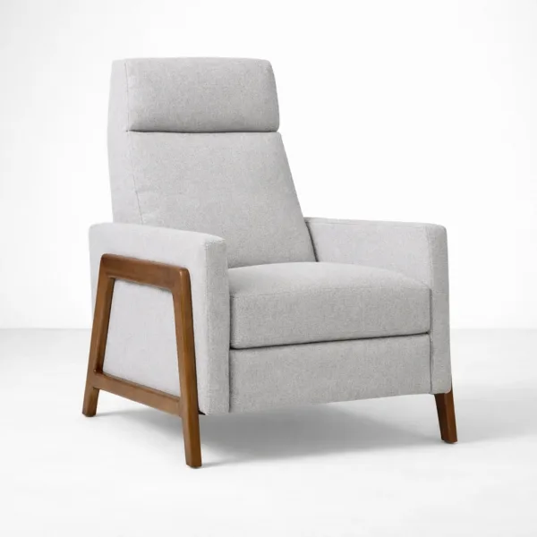 INTERIORZE ash grey recliner chair with teakwood arm frame front angle view