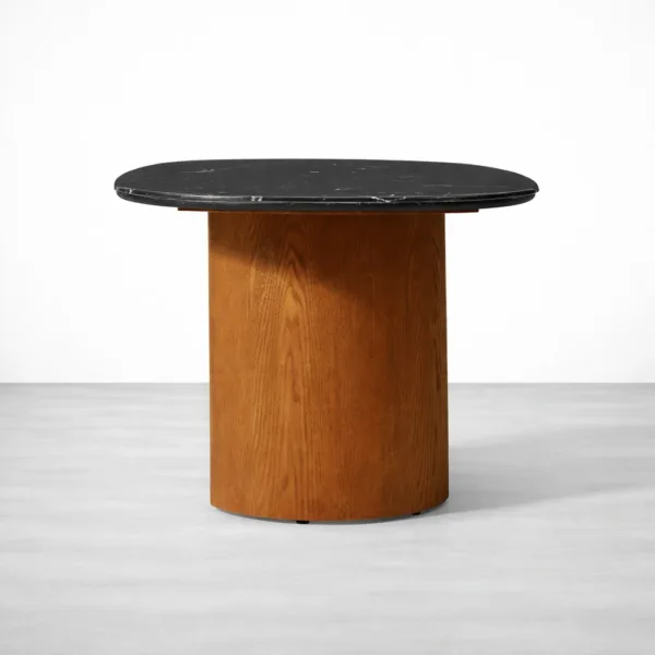 Oval marble top dining table showing multi-support teakwood base