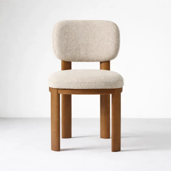 Ivory bouclé dining chair with solid teak wood frame in walnut finish – INTERIORZE Luna