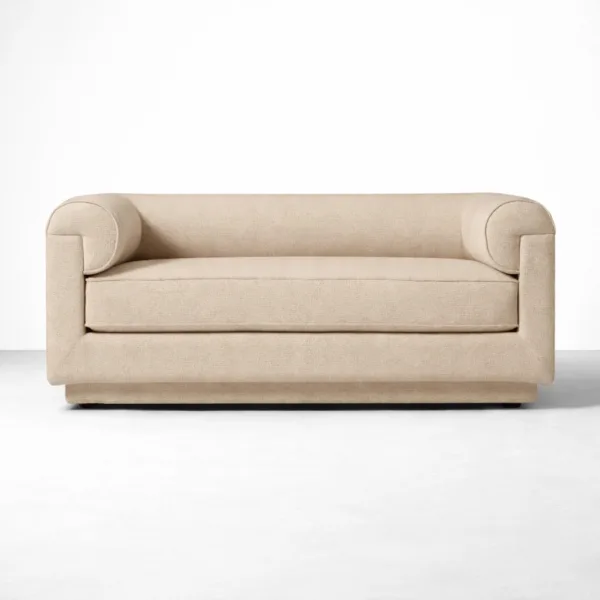 Front view of beige 2 seater sofa with roll arms and single seat cushion.