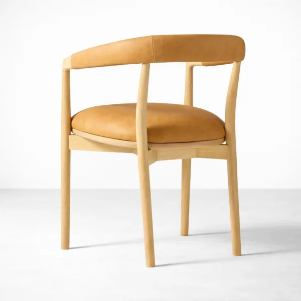 Teakwood upholstered dining chair back angle view natural wood frame