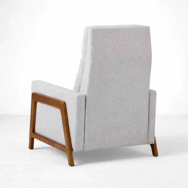 Ash grey recliner chair with teakwood arm frame rear angle view by INTERIORZE