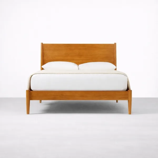 Front view of solid teakwood bed with wide headboard