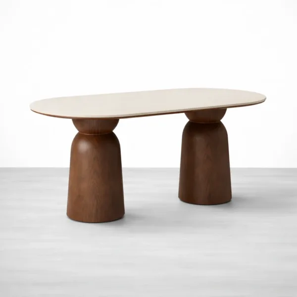 Oval dining table with twin pedestal teakwood base and stone top