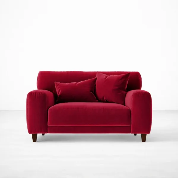 Red velvet loveseat with teakwood legs front view, INTERIORZE RUBY.