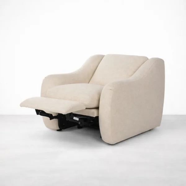 Beige motorized recliner chair reclined with footrest extended in linen fabric