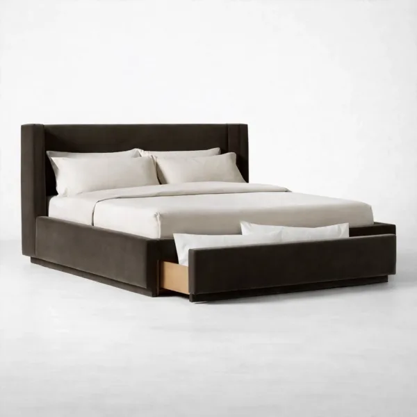 INTERIORZE Auren teakwood upholstered storage bed front view with footboard storage drawer