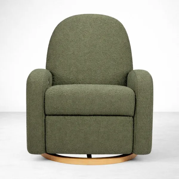 Front view of swivel power recliner chair upholstered in green bouclé