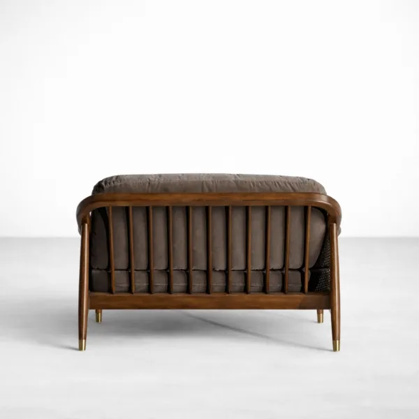 Back view of cane teakwood 2 seater loveseat with teak frame and smoke grey cushions