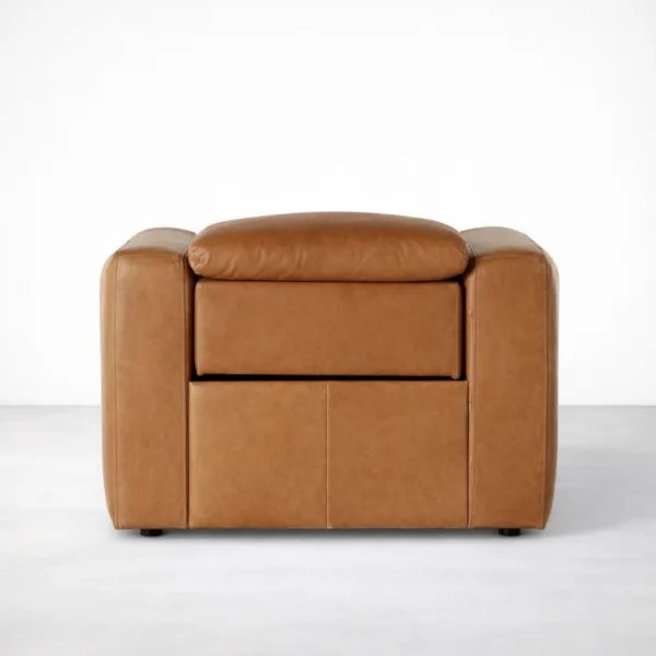 Rear view of cognac brown leather recliner chair by INTERIORZE
