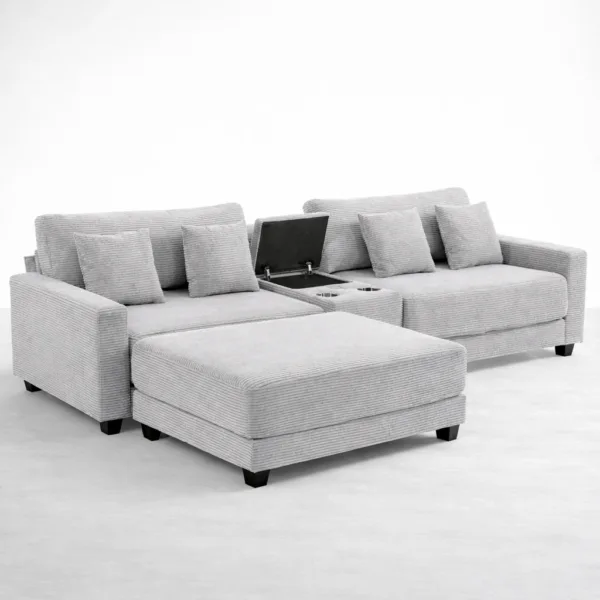 Grey corduroy sectional sofa with ottoman and storage console by INTERIORZE