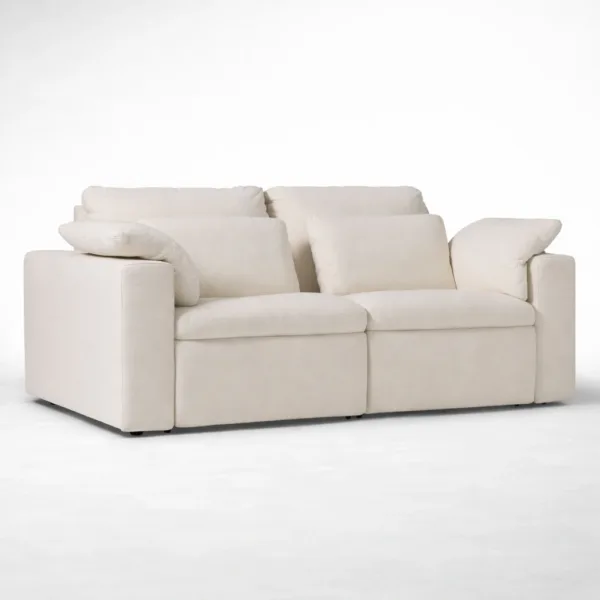 Front view of 2 seater motorized recliner sofa in pearl white linen fabric