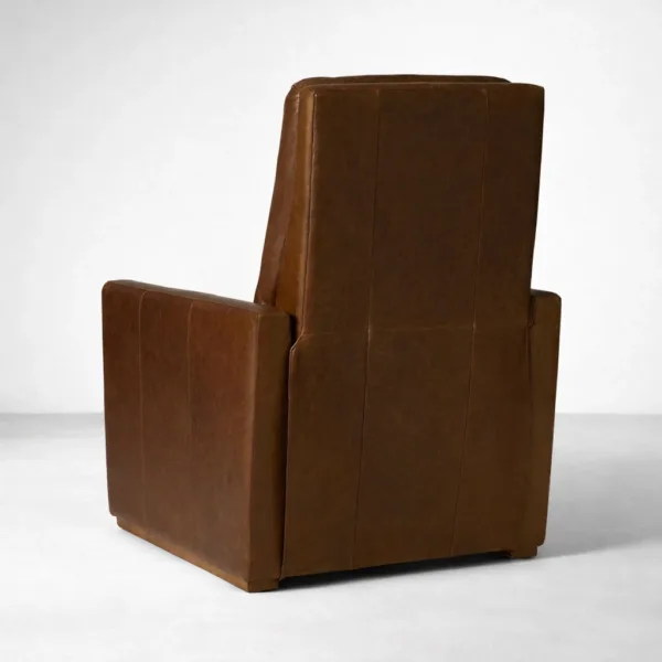 Brown leather power recliner chair back view showing clean upholstery panels