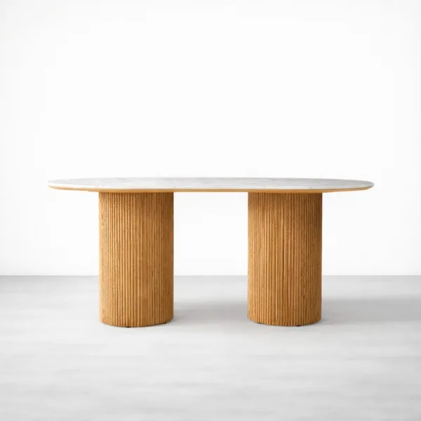 INTERIORZE white marble top fluted teakwood dining table front view