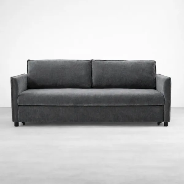 Grey sofa cum bed with teakwood frame and clean square arms front view by INTERIORZE