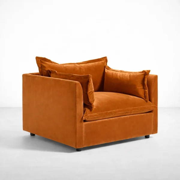 Burnt orange velvet lounge chair with teakwood legs angled view, INTERIORZE ARLO.