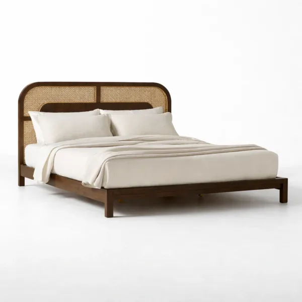 INTERIORZE Arinya teakwood cane headboard bed front angled view in walnut finish