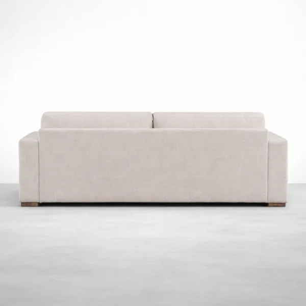 Beige 2 seater sofa back view showing clean upholstered back and wide silhouette