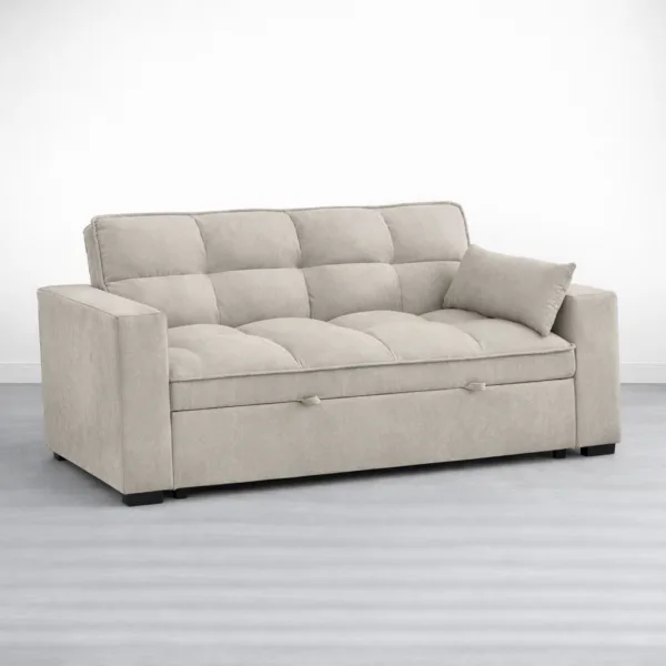Beige sofa cum bed with storage 3 seater pull-out sleeper by INTERIORZE