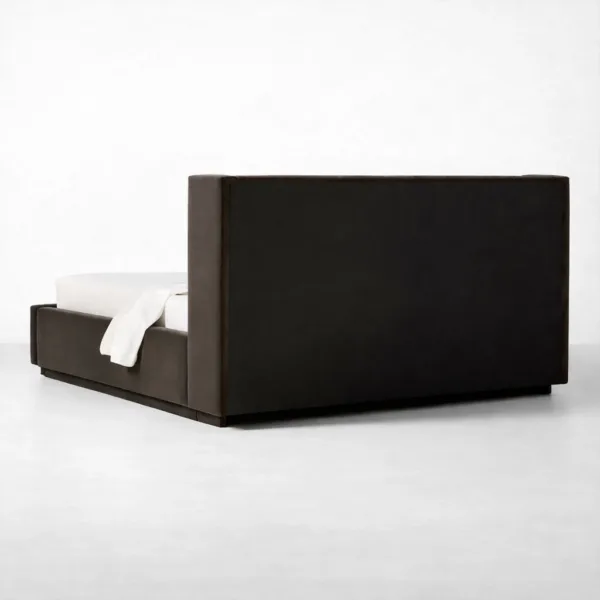 Back view of INTERIORZE Auren teakwood upholstered storage bed with fully upholstered headboard panel