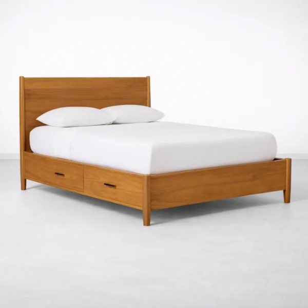 Front angled view of teakwood storage bed with clean wooden frame and drawer storage by INTERIORZE
