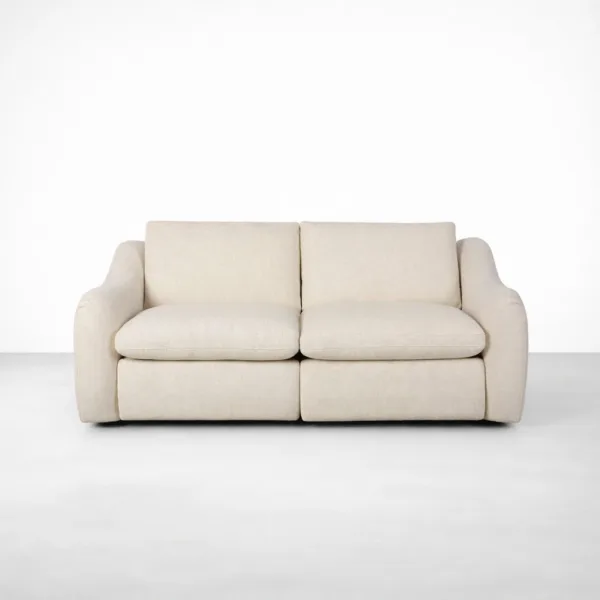 2 seater electric recliner sofa in beige fabric front view by INTERIORZE