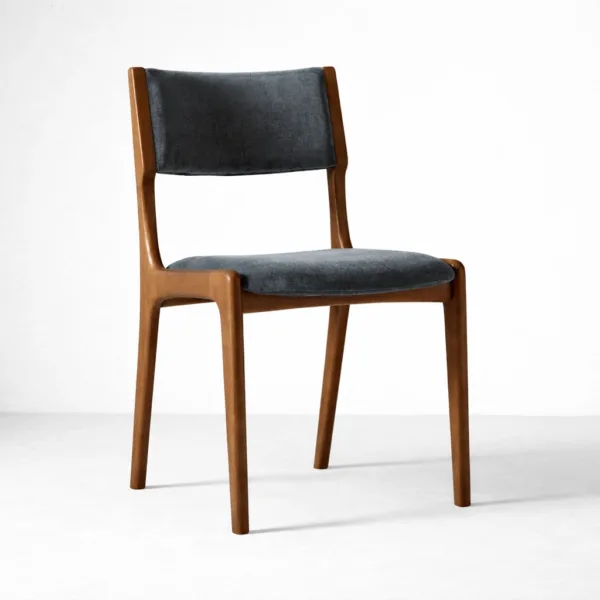 Teak wood upholstered dining chair in blue fabric angled view Solid Teak Wood Dining Chair