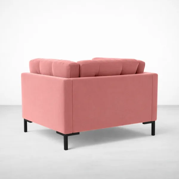 Pink velvet lounge chair with metal legs rear angle view, INTERIORZE ROSELYN.
