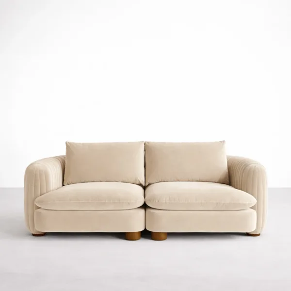 Arcura 2 seater teakwood sofa in ivory upholstery front view by INTERIORZE