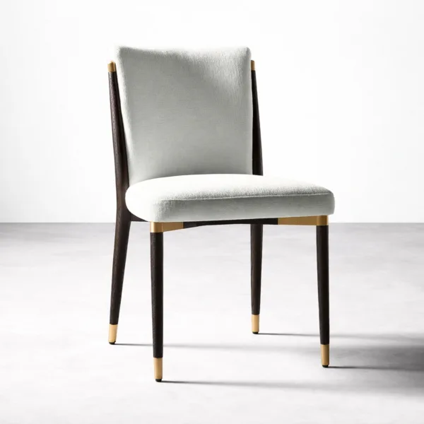 INTERIORZE Virello cream upholstered dining chair angled view Solid teakwood upholstered dining chair