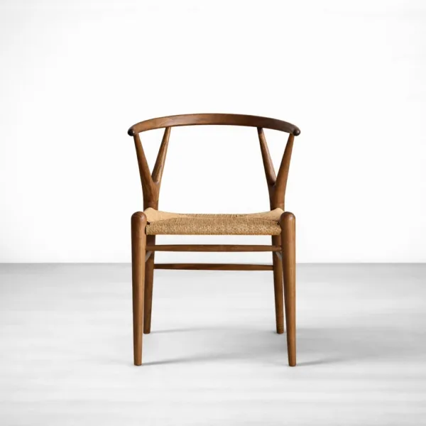 Teak wishbone dining chair with handwoven rope seat, front view