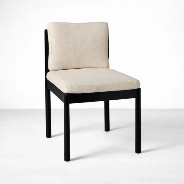INTERIORZE Mono beige upholstered dining chair with black teakwood frame front angle view