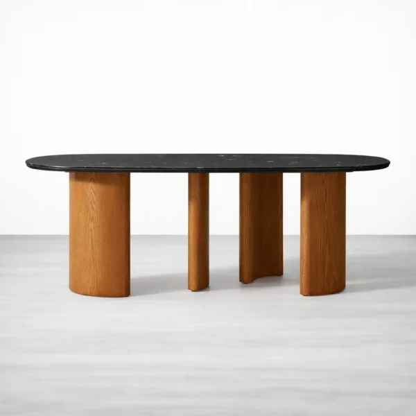 Black marble top oval dining table with sturdy teakwood base