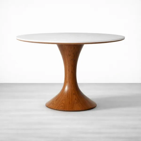 marble top round dining table with teakwood pedestal base by INTERIORZE