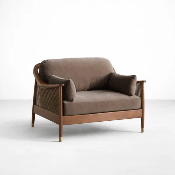 Angled front view of cane teakwood 2 seater sofa loveseat in smoke grey by INTERIORZE