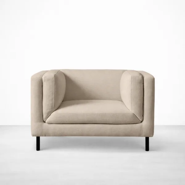 Beige accent chair with teakwood legs front view, INTERIORZE DUNE.