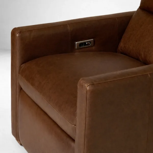 Side push-button control panel on brown leather power recliner chair