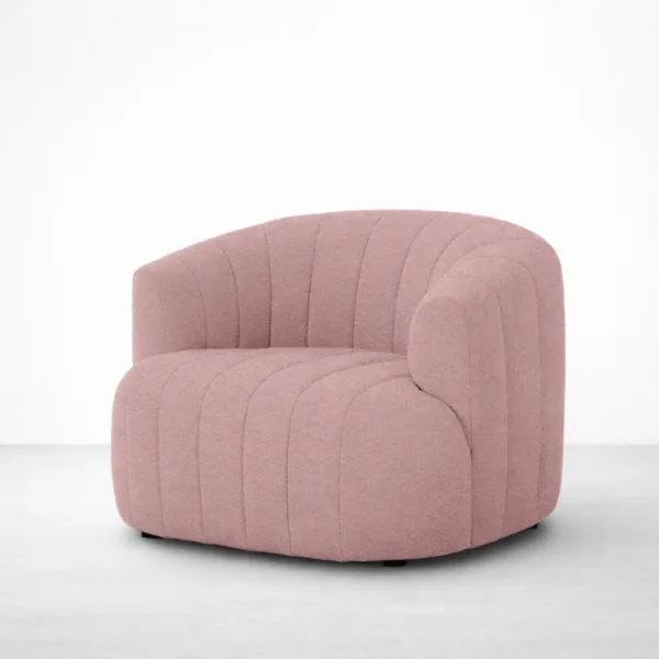 Blush boucle barrel chair with teakwood legs angled view, INTERIORZE PETAL.
