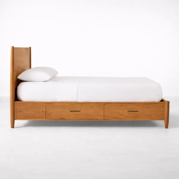 Teakwood storage bed with side drawers by INTERIORZE, side view in warm teak finish