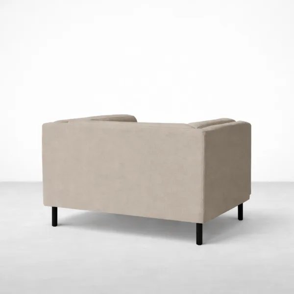 Beige accent chair with teakwood legs rear angle view, INTERIORZE DUNE.