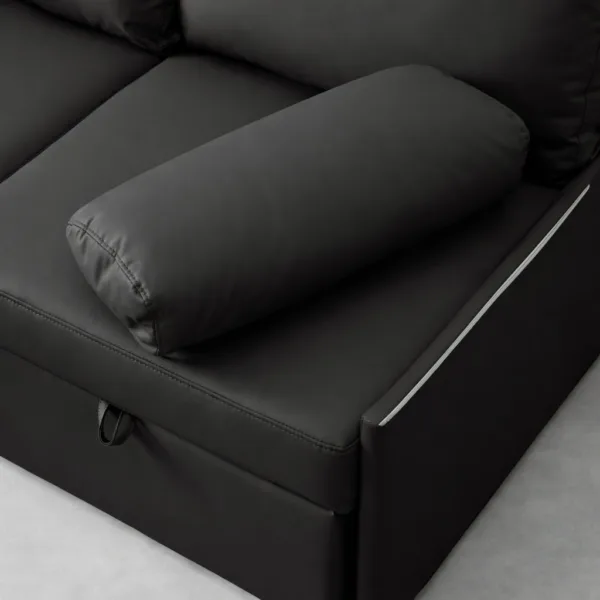 Close-up of black leatherette upholstery and arm cushion on L shape sofa cum bed by INTERIORZE