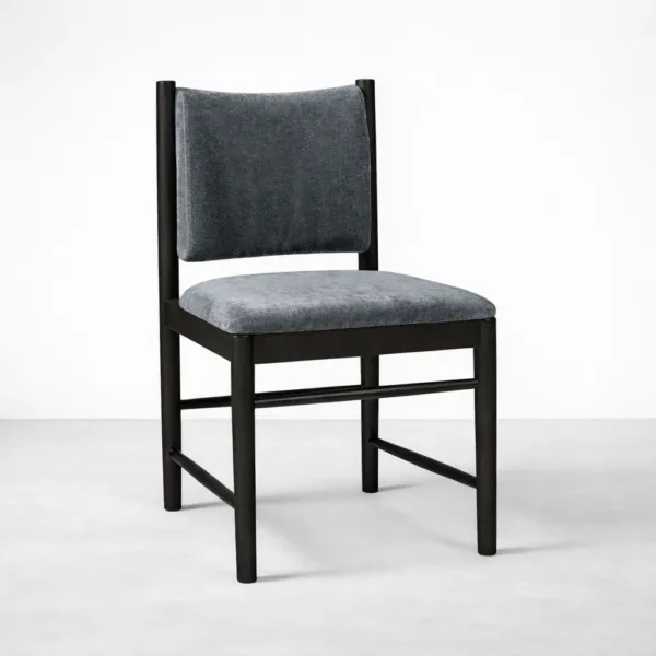 INTERIORZE Noir slate grey upholstered dining chair with teakwood frame front angle view