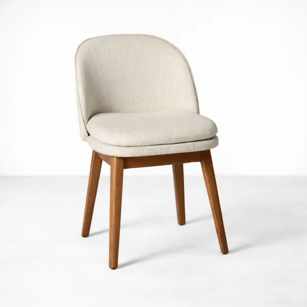 Upholstered teakwood dining chair front view ivory fabric seat and back